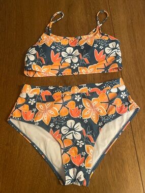 Shein Floral Two-Piece Swim Set - Orange & Blue Sz small